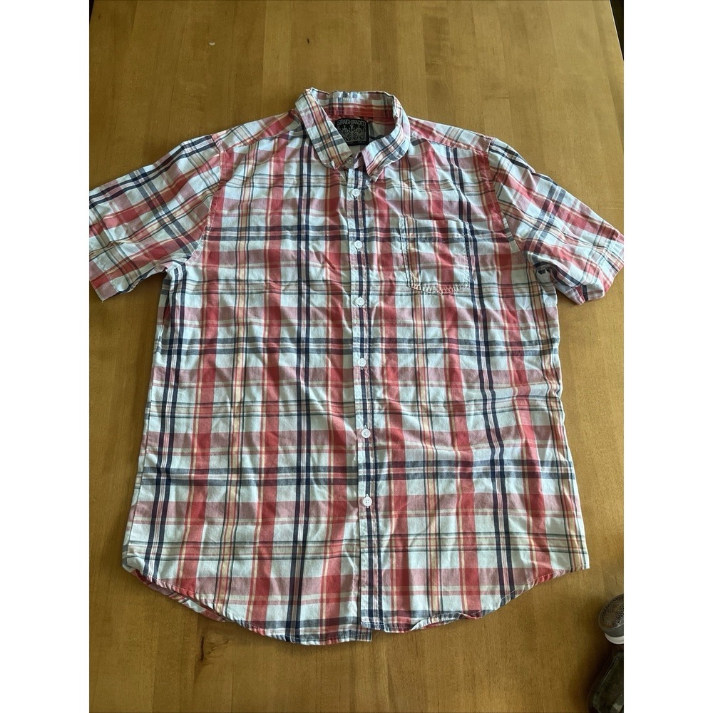 Straight‎ Faded Button Up Shirt Sz L Plaid Pockets Button Skate Red Navy